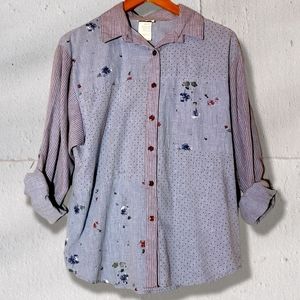 Tapestry Vintage Cotton Blend Patchwork Mixed Patterns Longsleeve Button Down M